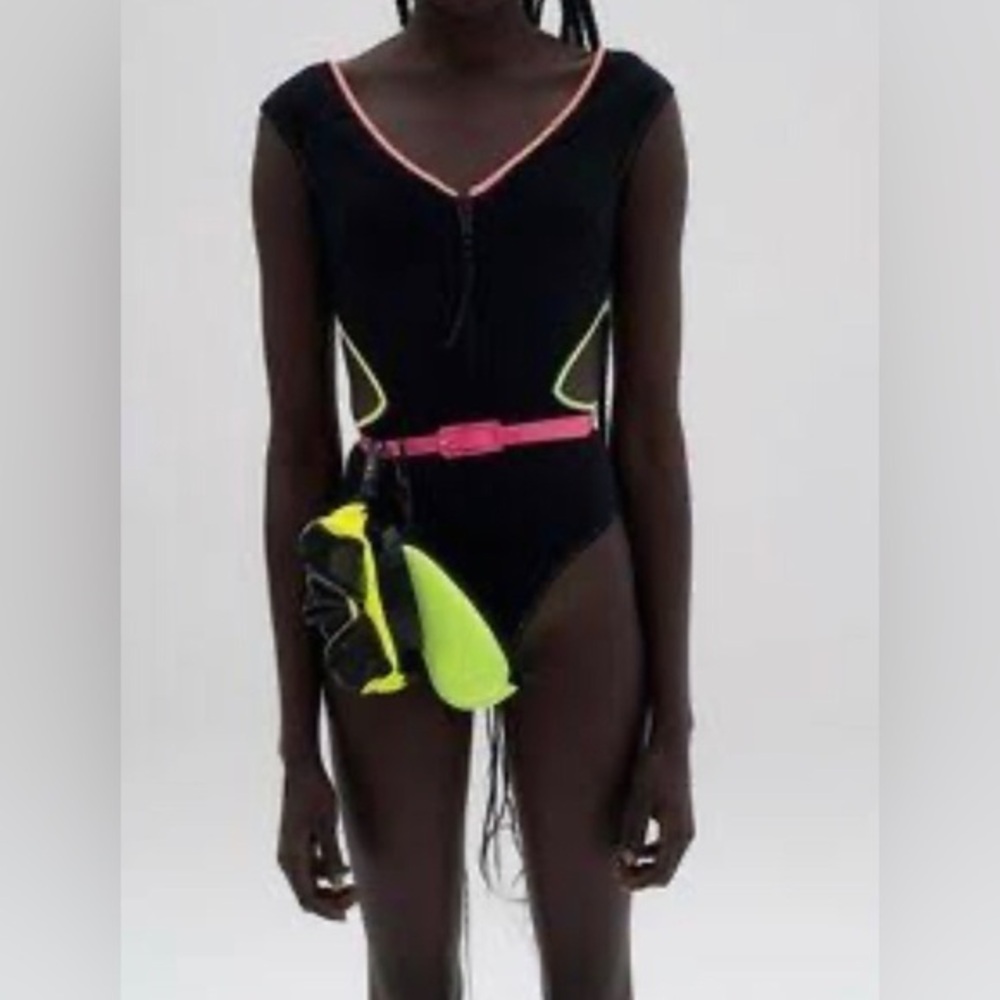 Zara black neon trim cut out front zip v-back one piece swimsuit size small new - Picture 4 of 8